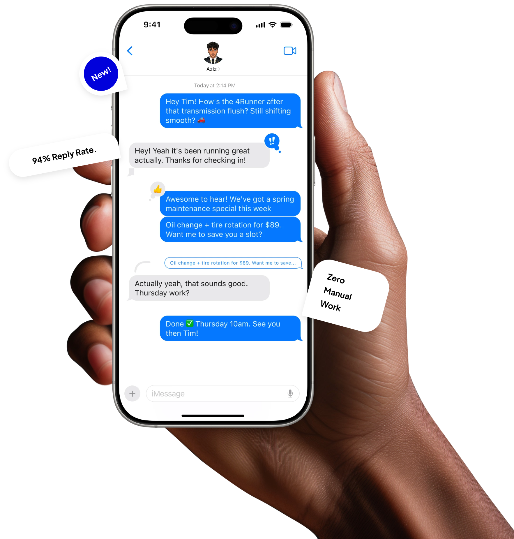 A hand holding a phone showing a Renvelo AI text conversation that books an appointment